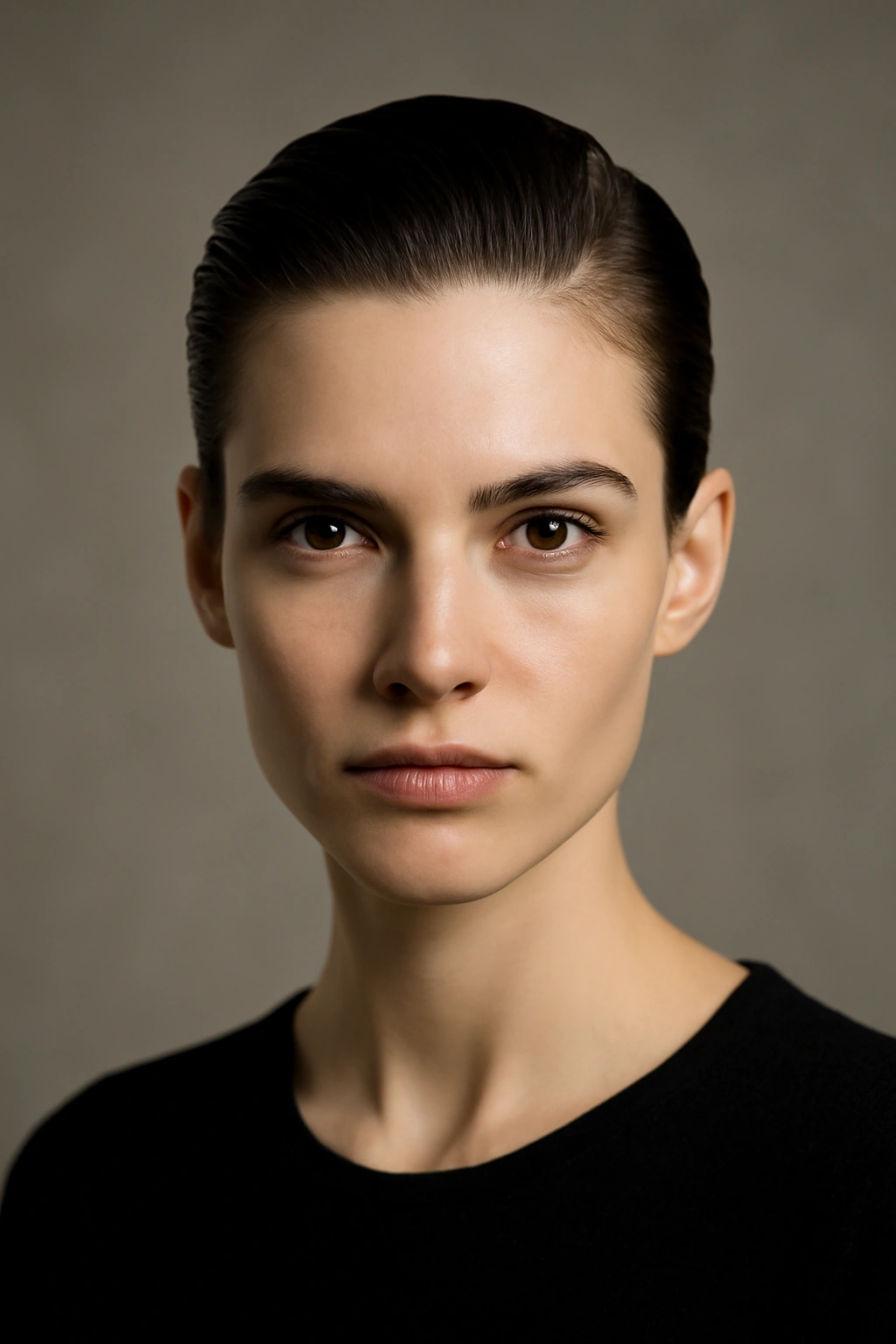 Close-up of a person with a slicked-back pixie highlighting bone structure and a sleek finish.