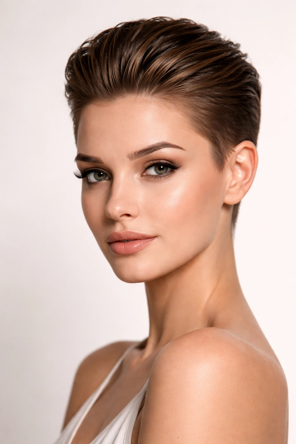 Close-up portrait of a The Slicked-Back Pixie with top slicked back