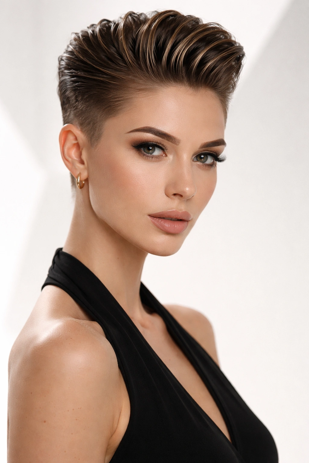 Slicked-back high pixie hairstyle with lifted crown.