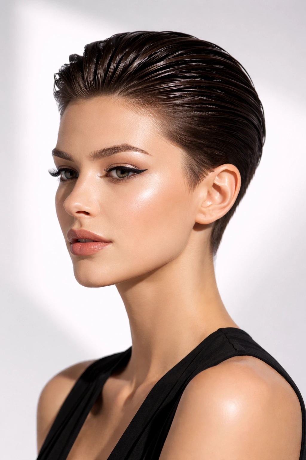 Glossy slicked-back pixie with smooth, sculpted silhouette under studio lighting