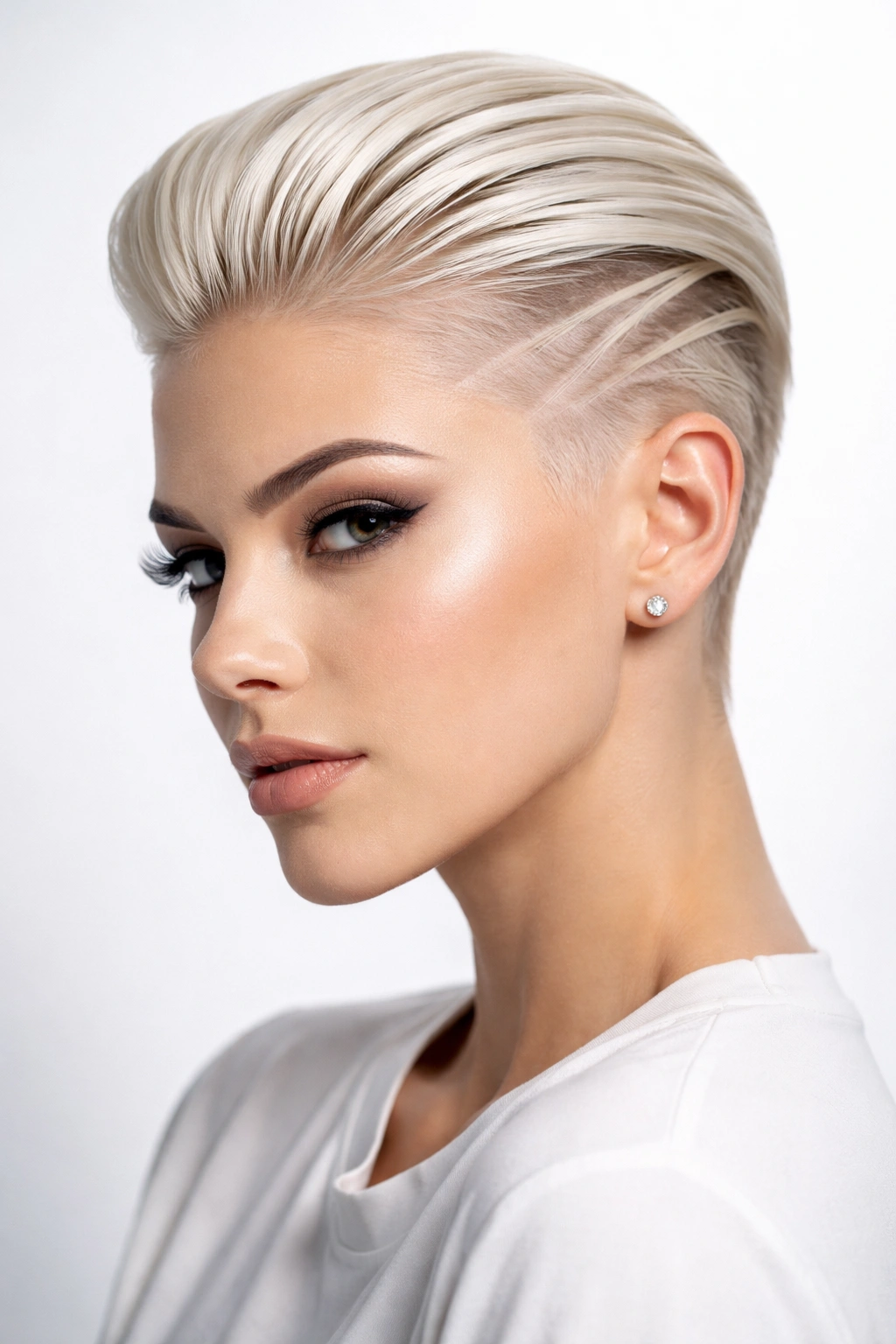 Front view of platinum blonde slicked-back pixie highlighting hairline and shine