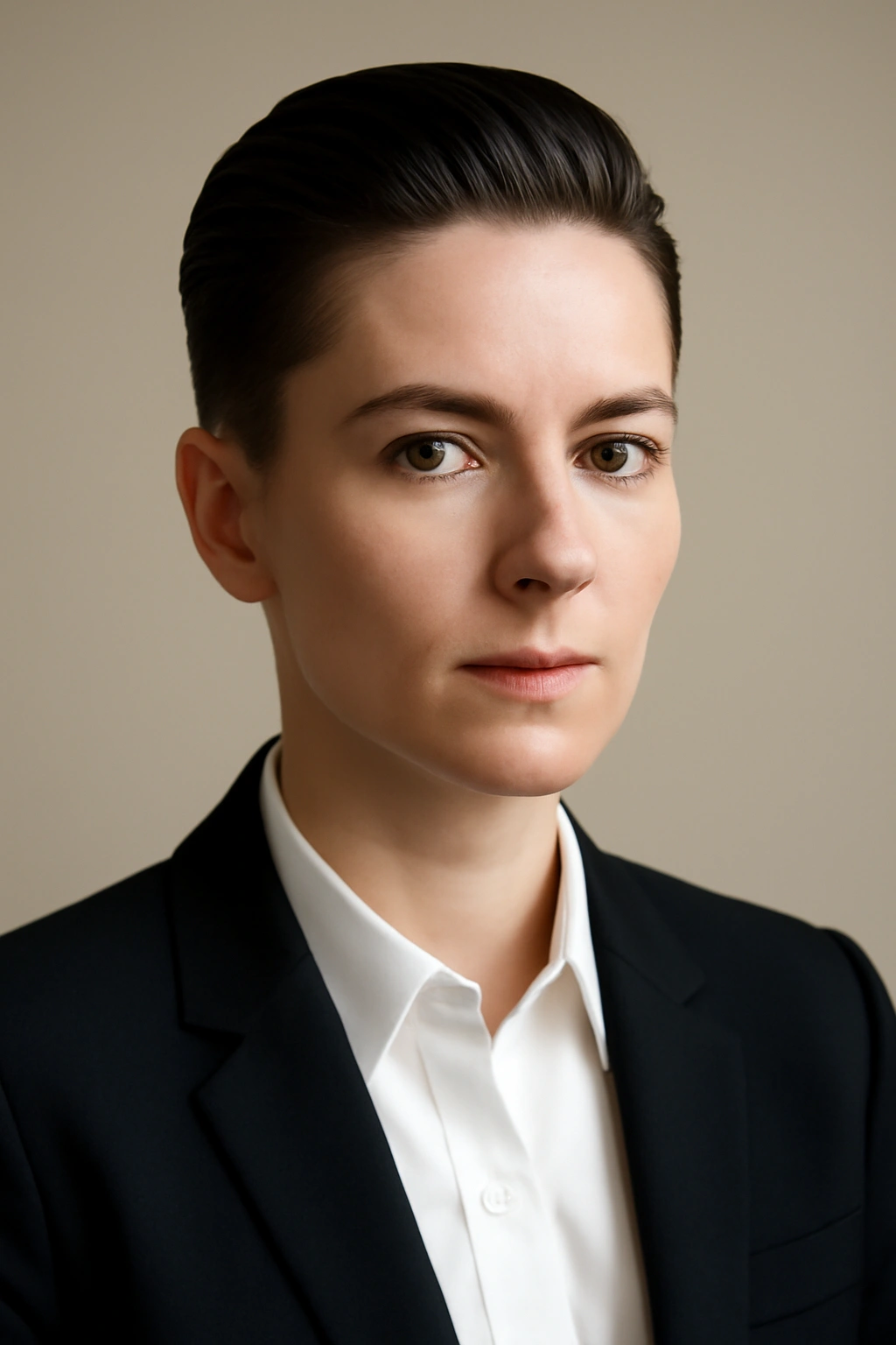 20 Pixie Cuts Sorted By Age And Face Shape 8 Close-up of slicked-back pixie with very short sides and top polished for a professional look
