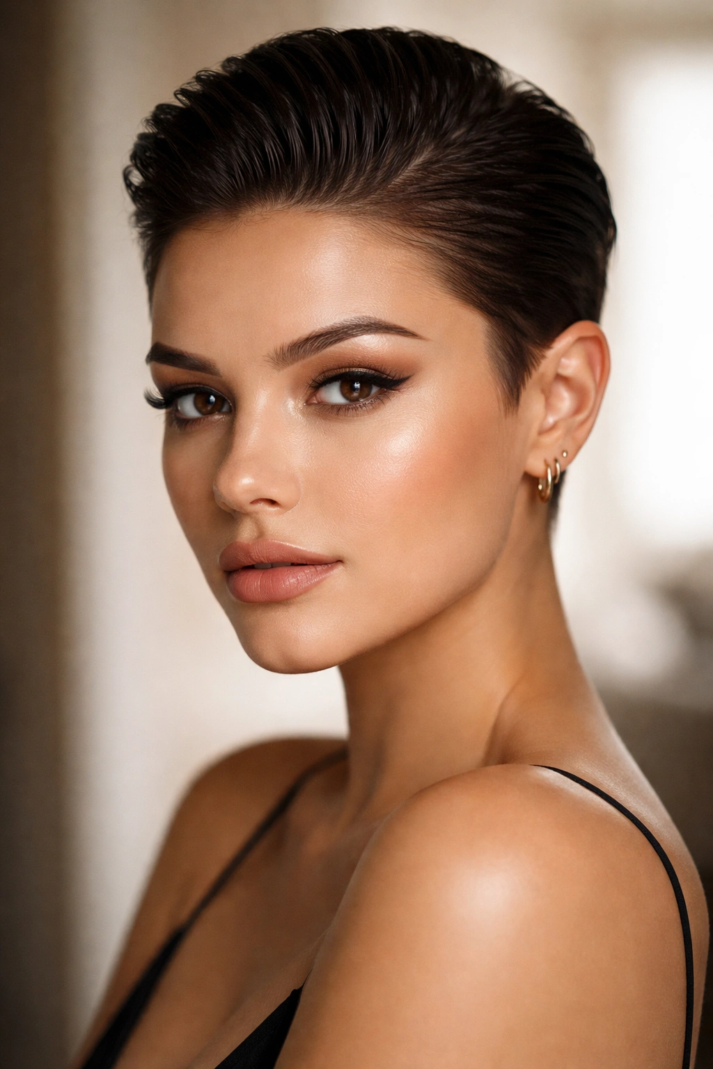 25 Short Haircuts Matched To Your Face Shape 16 Round-faced model wearing a sleek slicked-back pixie