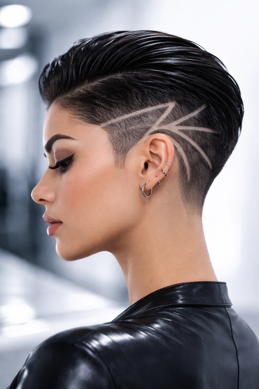 Slicked-back pixie with shaved geometric design on the side