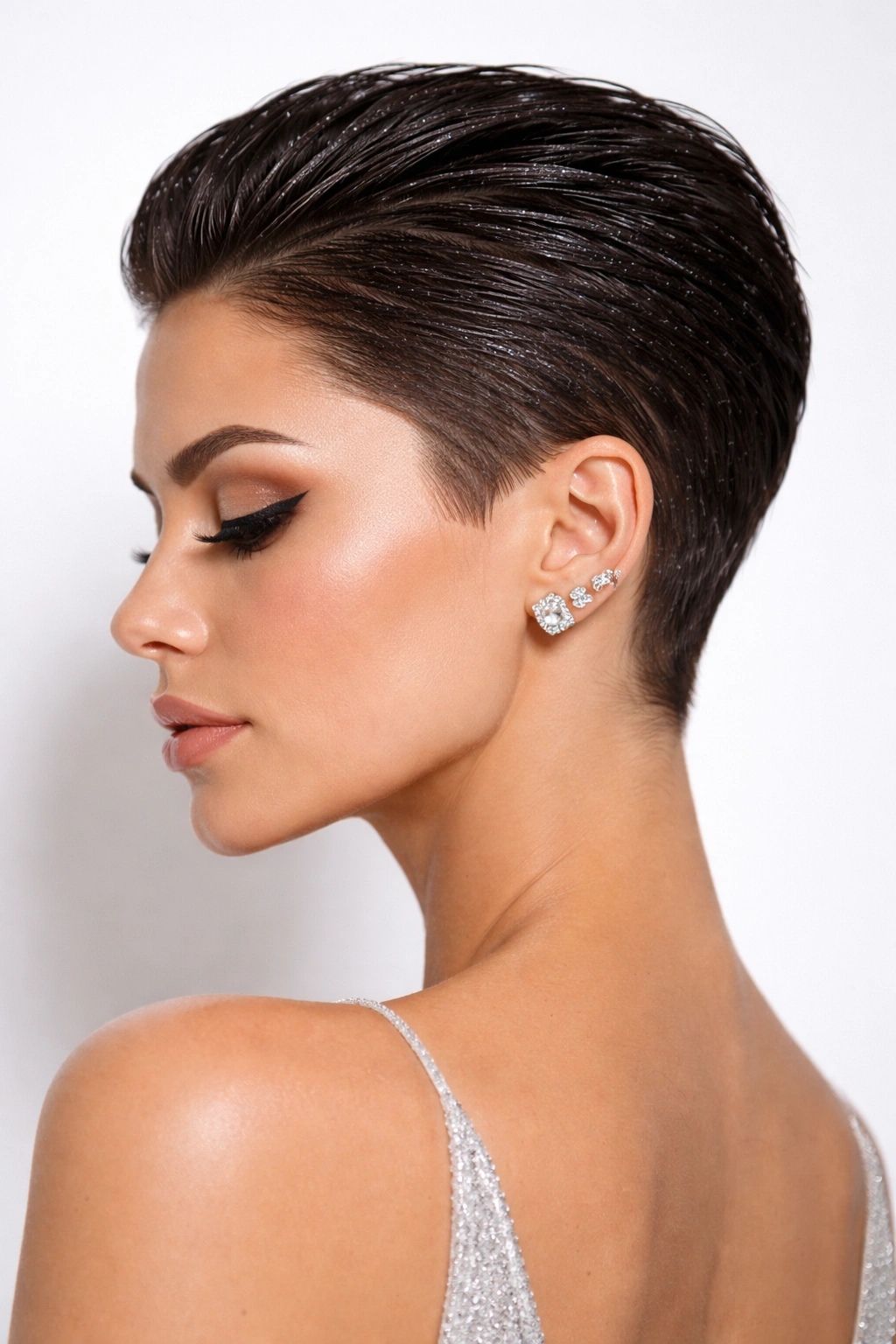 Close-up of Slicked-Back Pixie with matte shine on very short hair