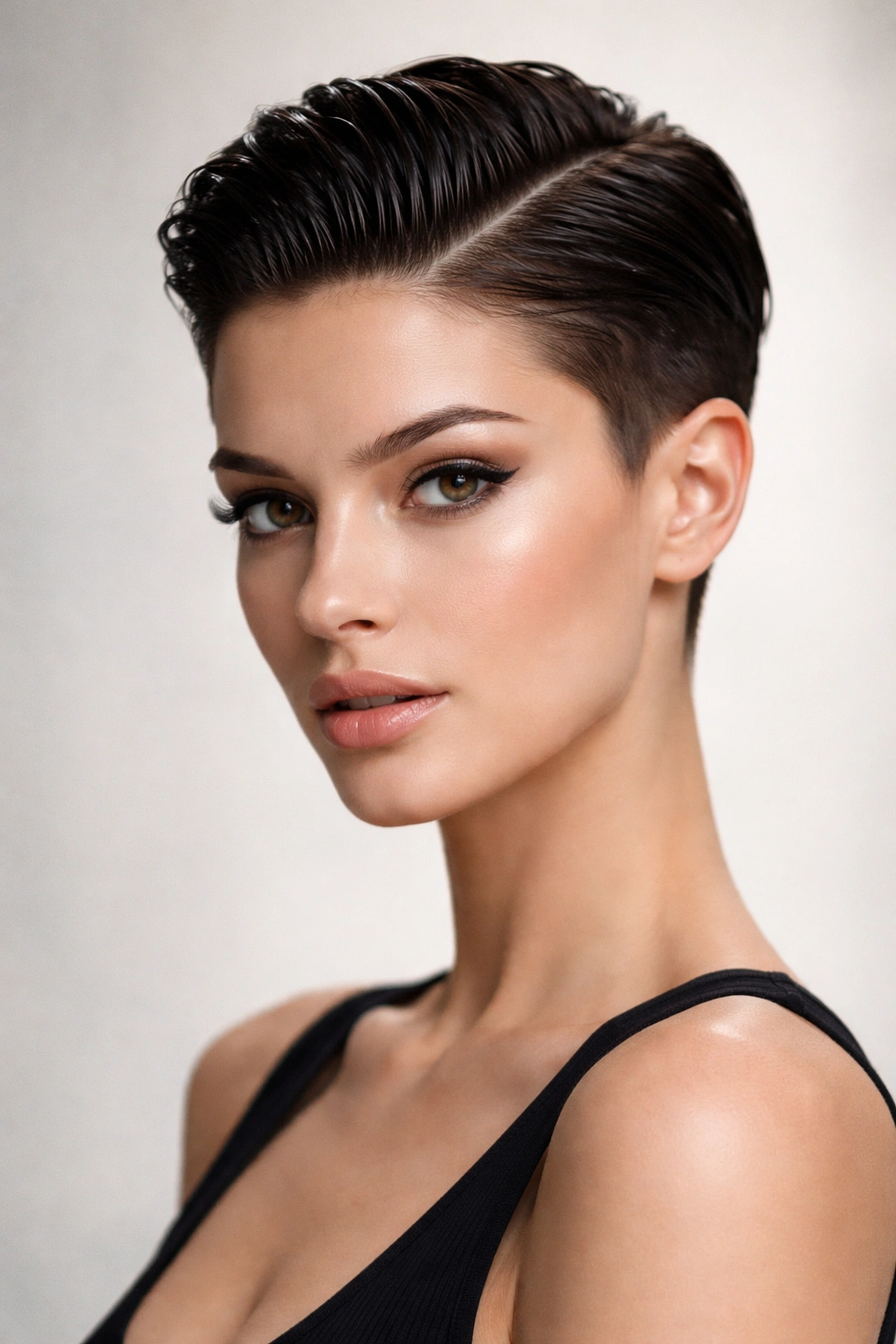Slicked-back pixie with longer top and sharp side part