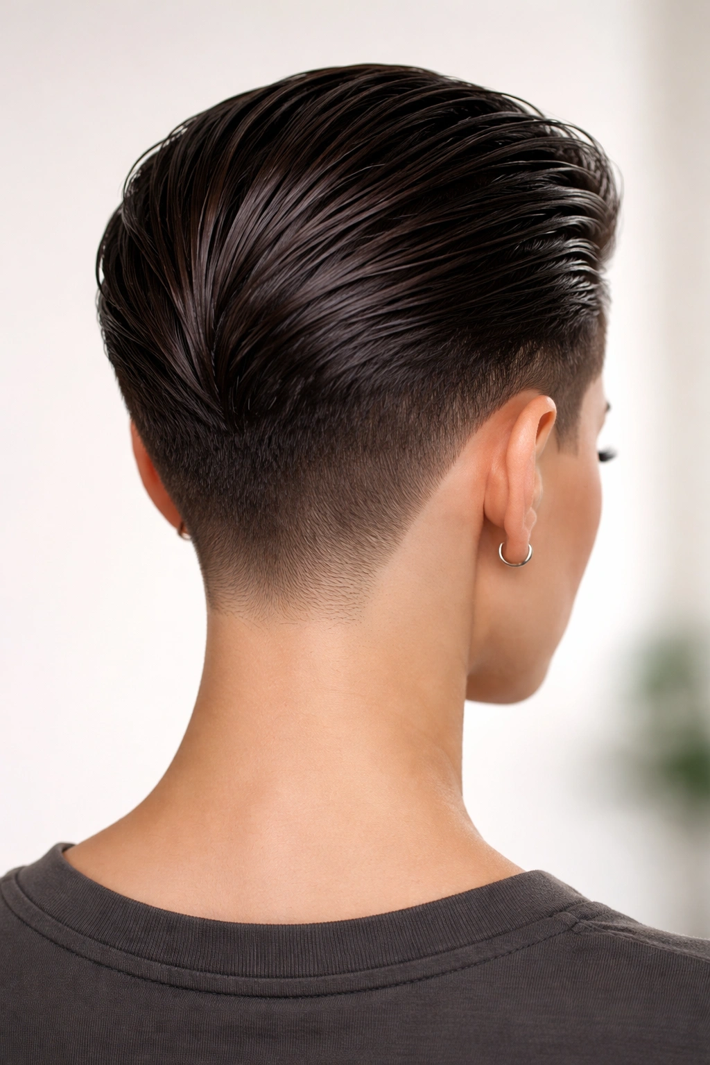 Back view of a slicked-back pixie with a precise undercut and longer top