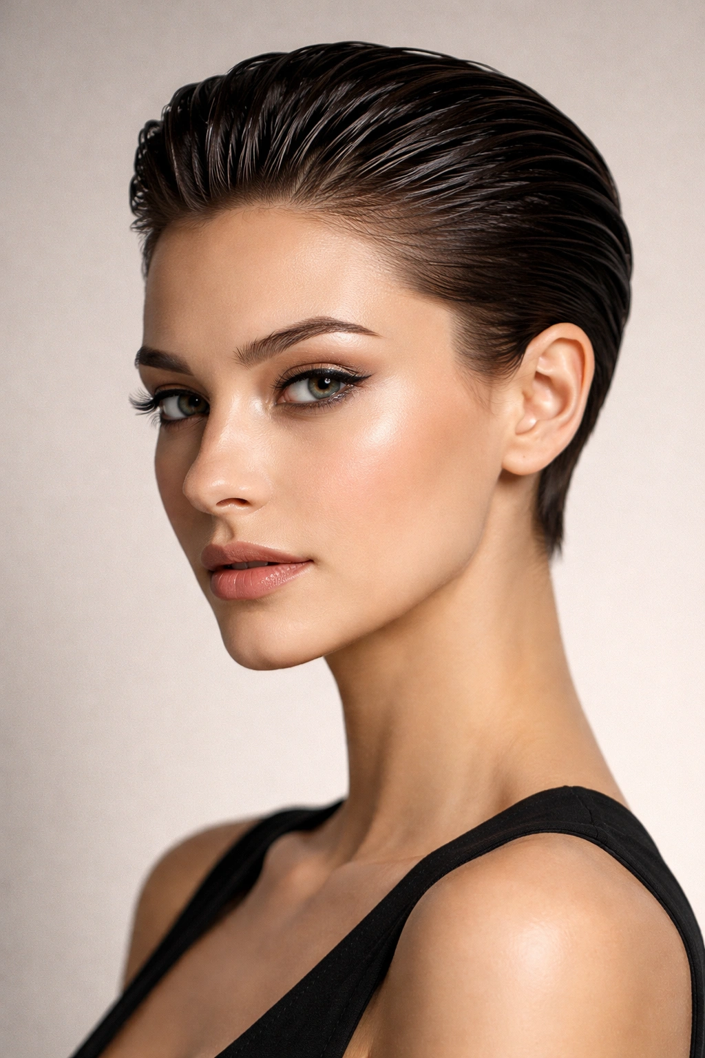 Slicked-back pixie with wet-look finish exposing the face