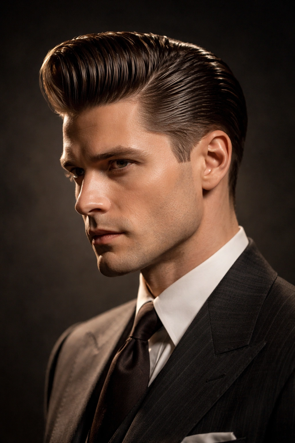 Close-up portrait of man with slicked-back pompadour hairstyle