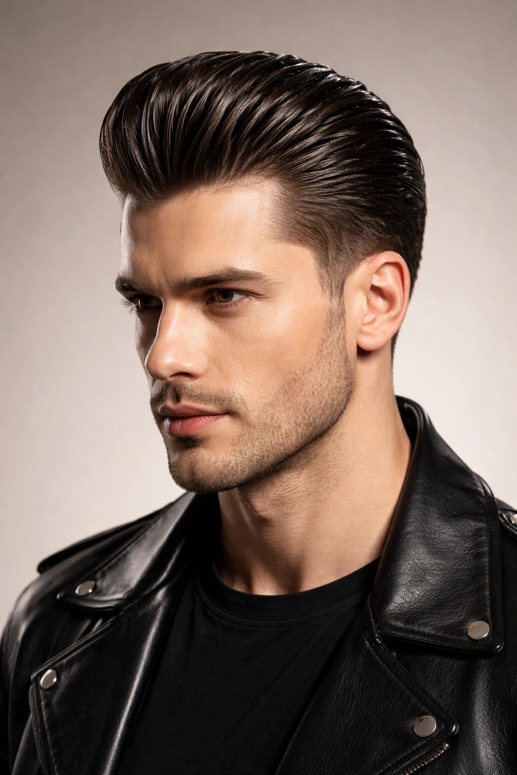 Close-up portrait of slicked back pompadour with high-gloss shine and crown volume