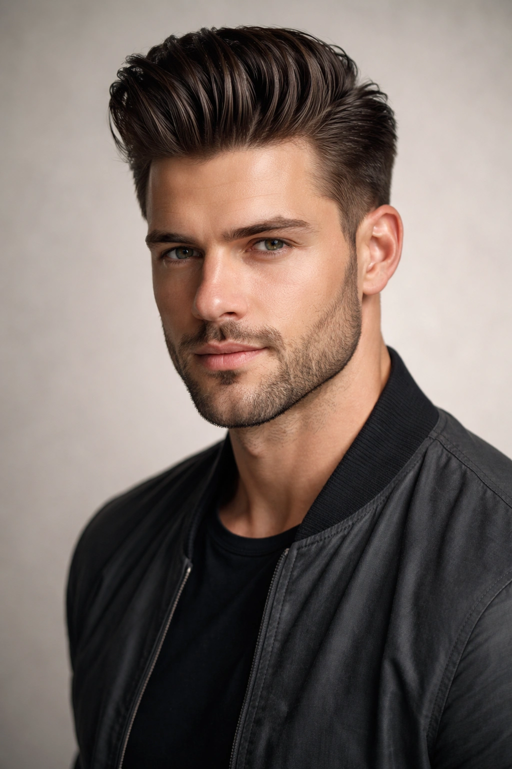 Man with a slicked-back pompadour showing height on top