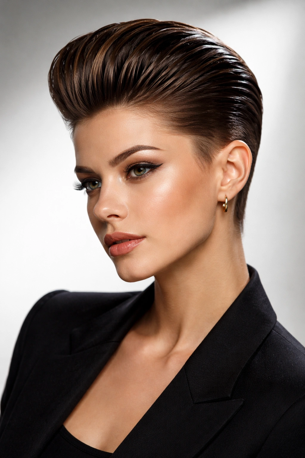 Portrait of a slicked-back pompadour with a voluminous crown and tapered sides