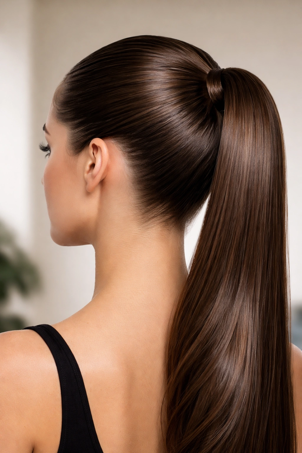 Close-up of a slicked-back ponytail with glossy finish