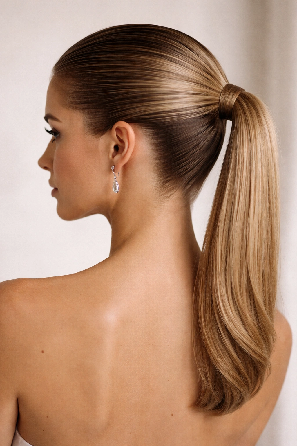 Back view of a glossy slicked-back ponytail on short hair