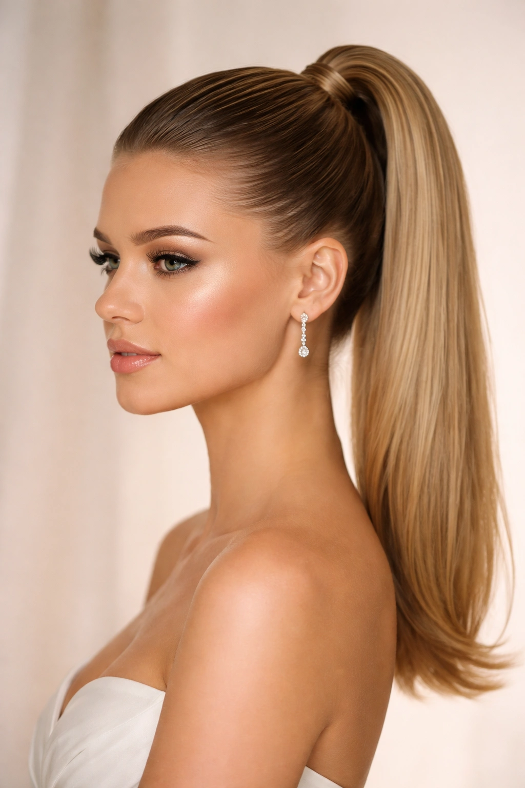 Close-up of a sleek slicked-back high ponytail on short hair