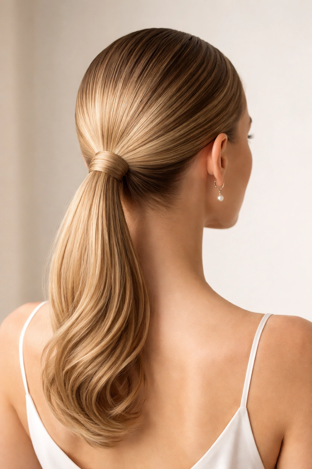 Back view of a tight, slicked-back ponytail at the base of the skull