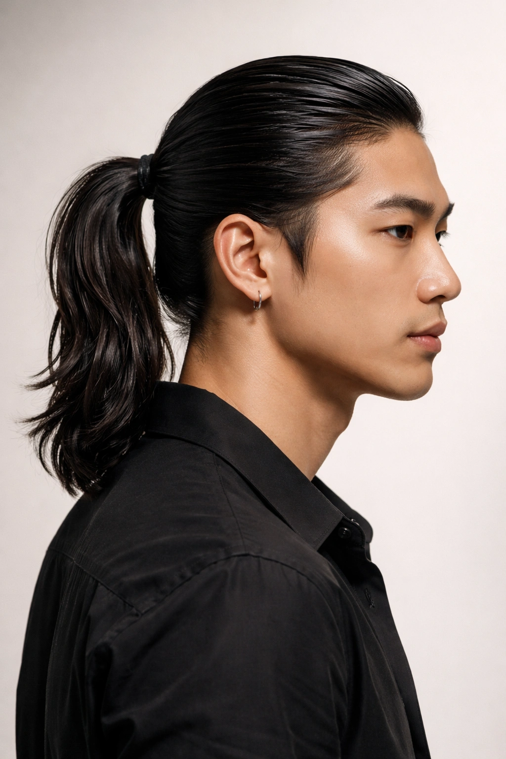 Man with damp slicked-back hair in a ponytail