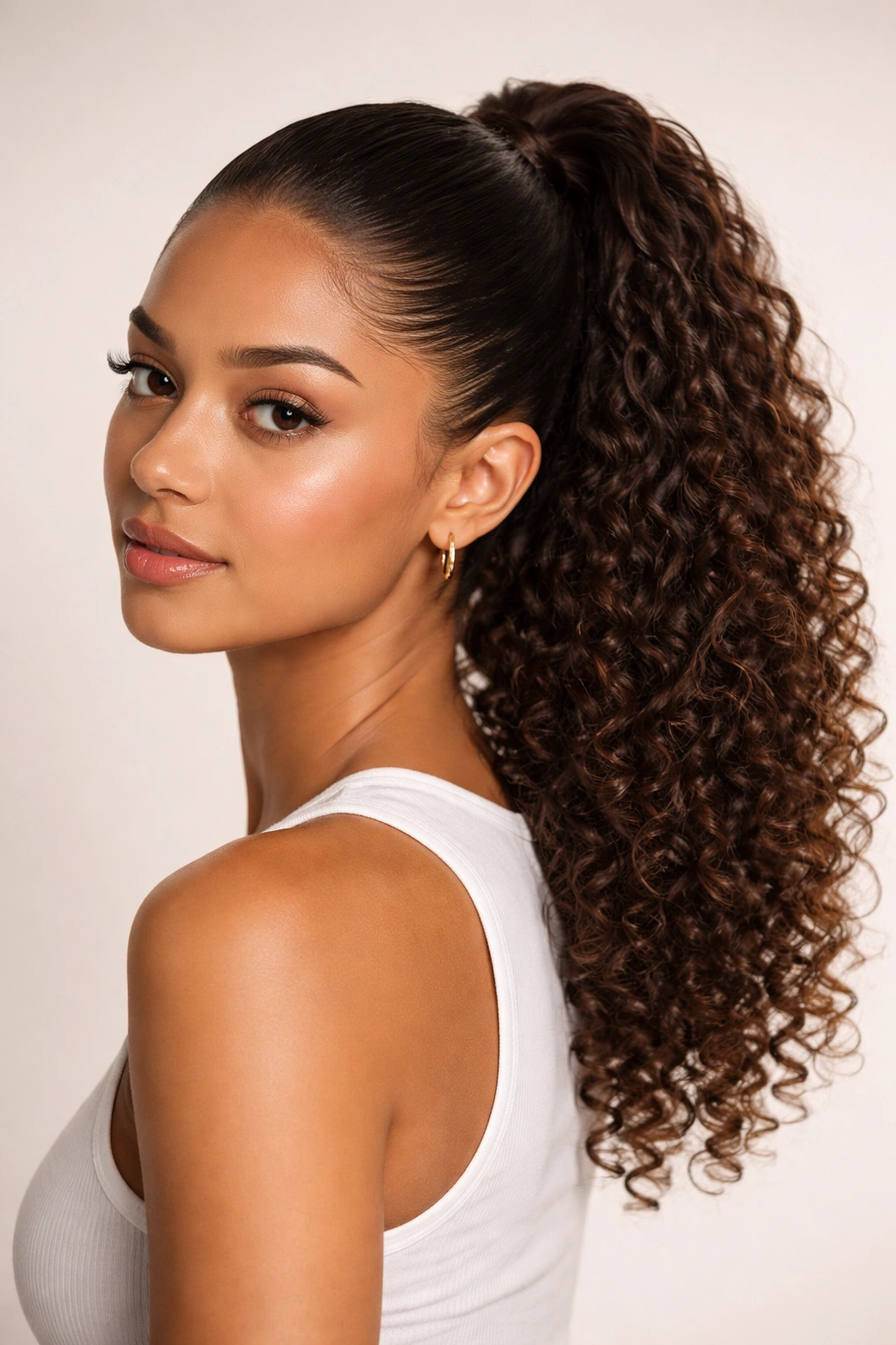 Slicked-back high ponytail with defined curls at the back