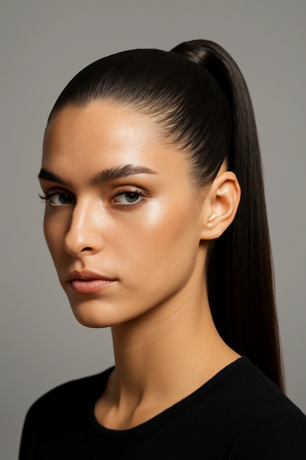 Front view of a slicked-back ponytail with glossy finish and sharp edges