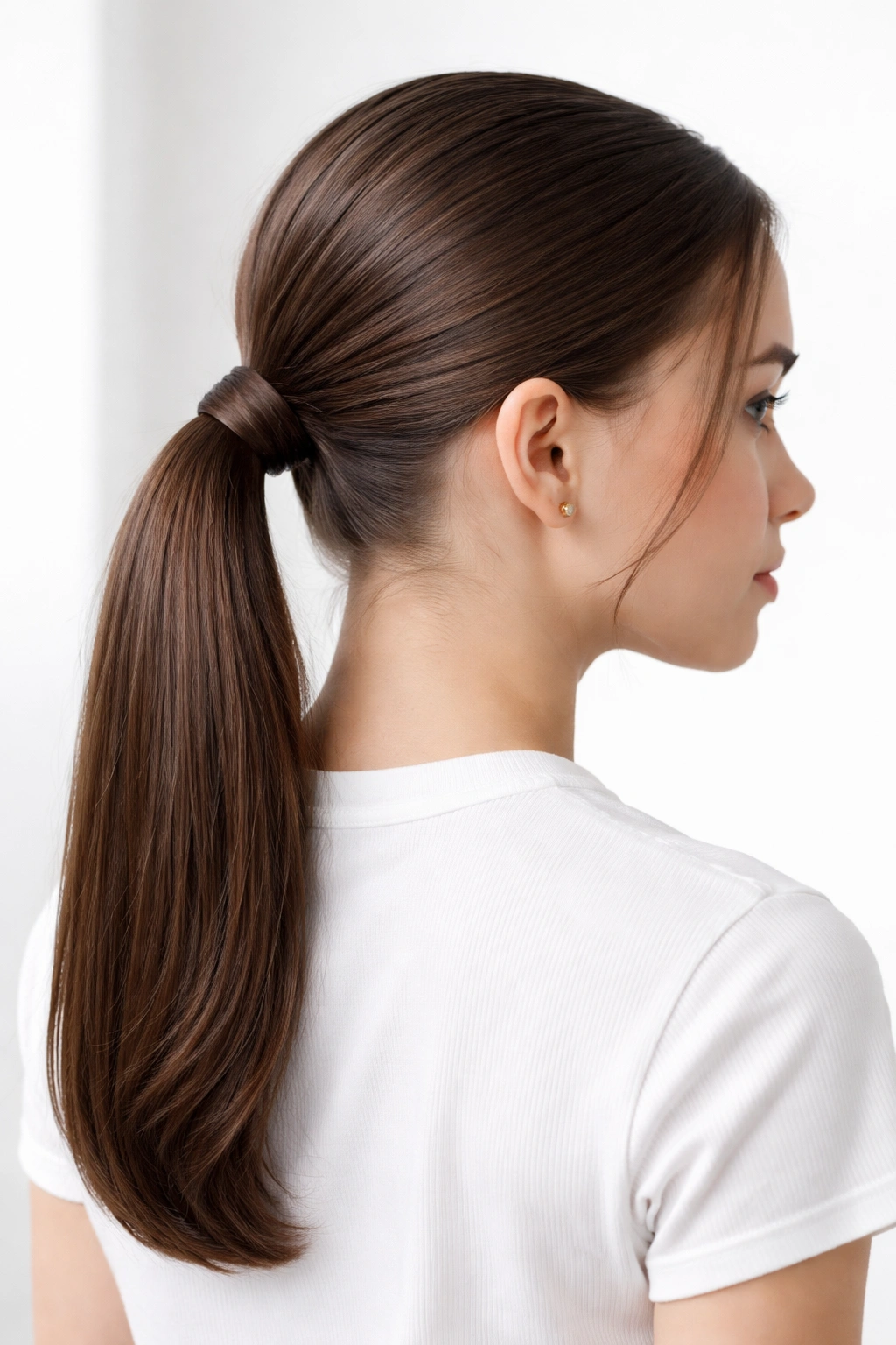 Slicked-back low ponytail with hidden elastic.