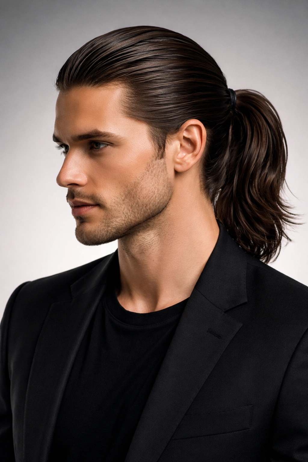 Man with a slicked-back ponytail and glossy finish