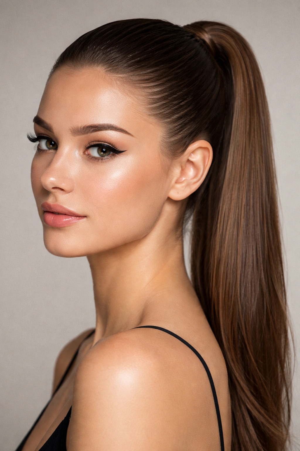 Close-up of a sleek slicked-back ponytail with glossy finish against a neutral studio backdrop