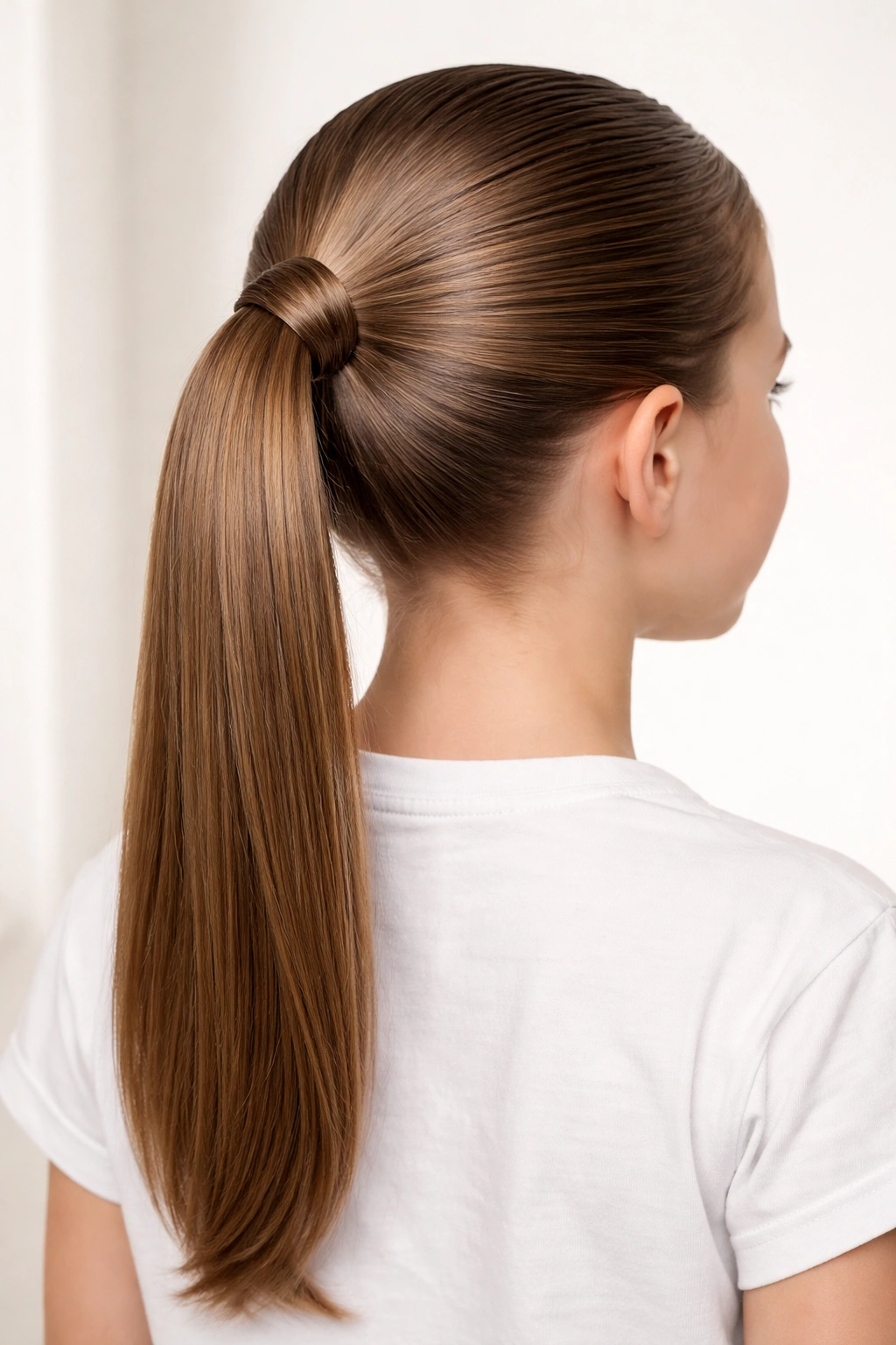 Rear view of a child with a slicked-back glossy ponytail