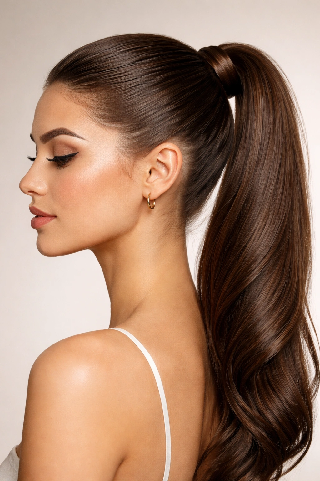 Close-up profile of a glossy slicked-back high ponytail with smooth roots.