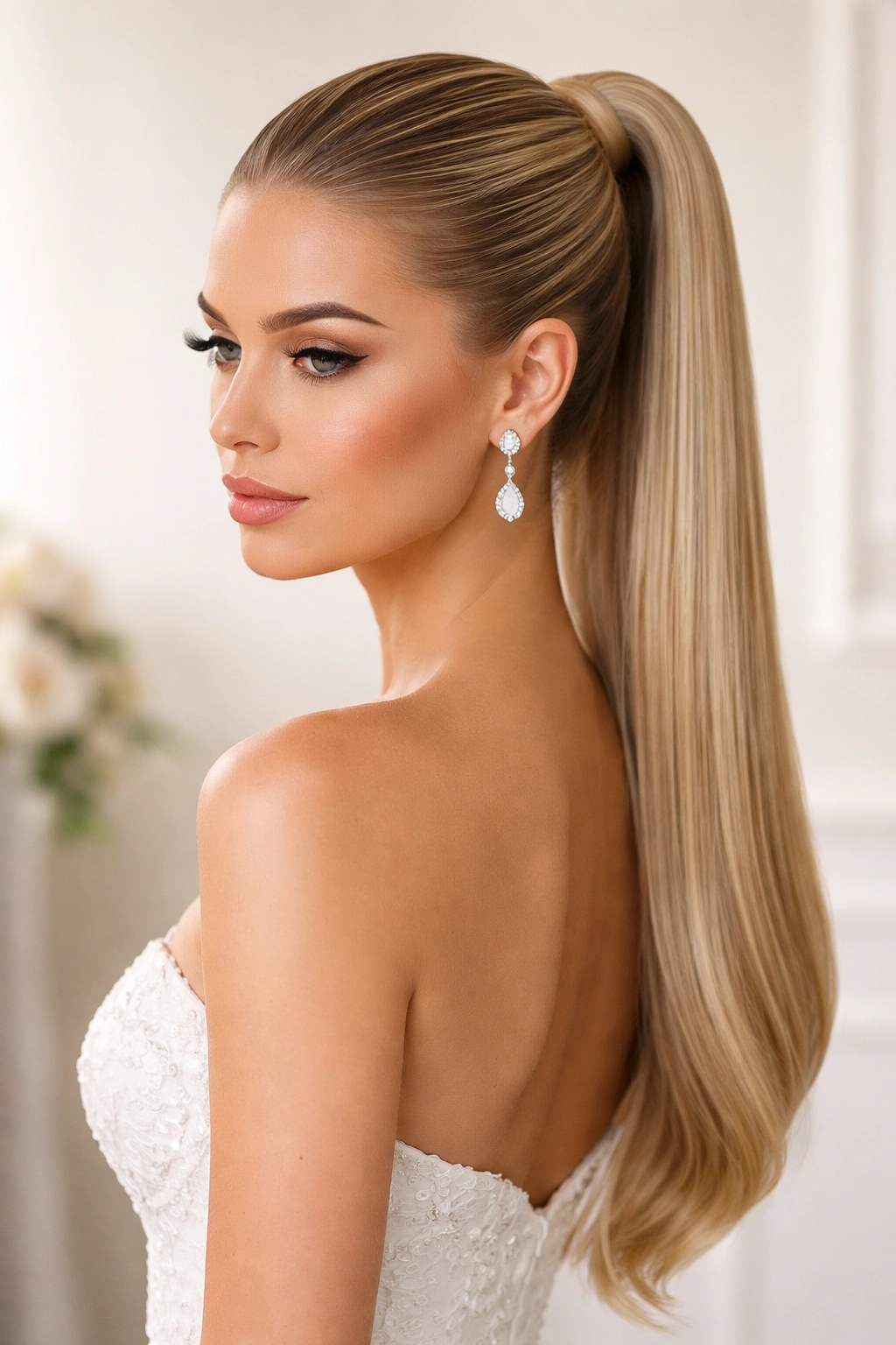 Slicked-back ponytail on straight hair with flawless smoothness