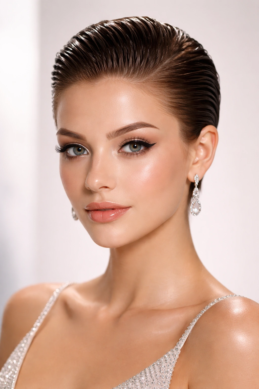 Short hair with high-gloss slicked-back finish under studio lighting
