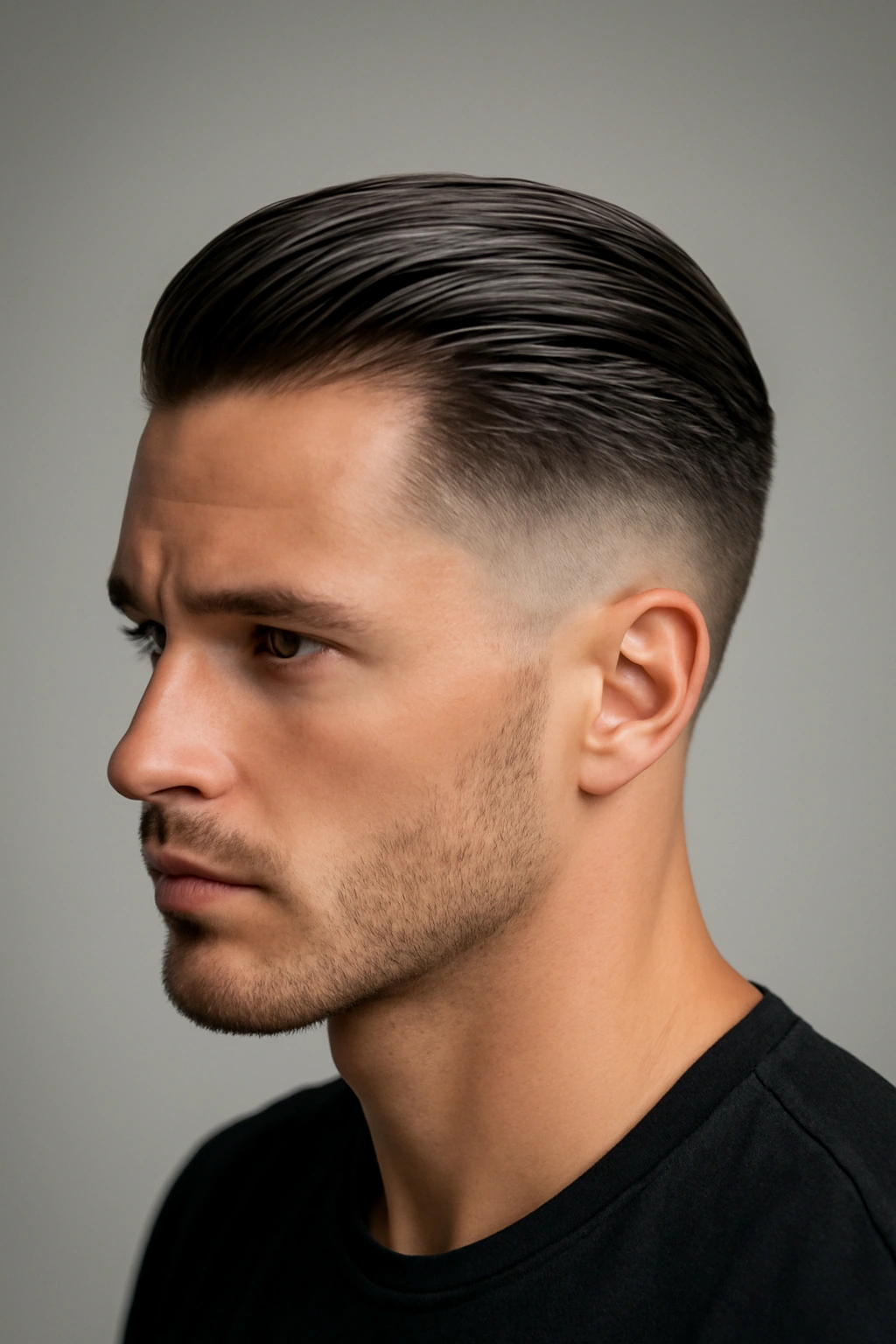 20 Men's Haircuts Matched to Face Shape and Hair Type 5 Portrait of male with slicked back hairstyle in studio