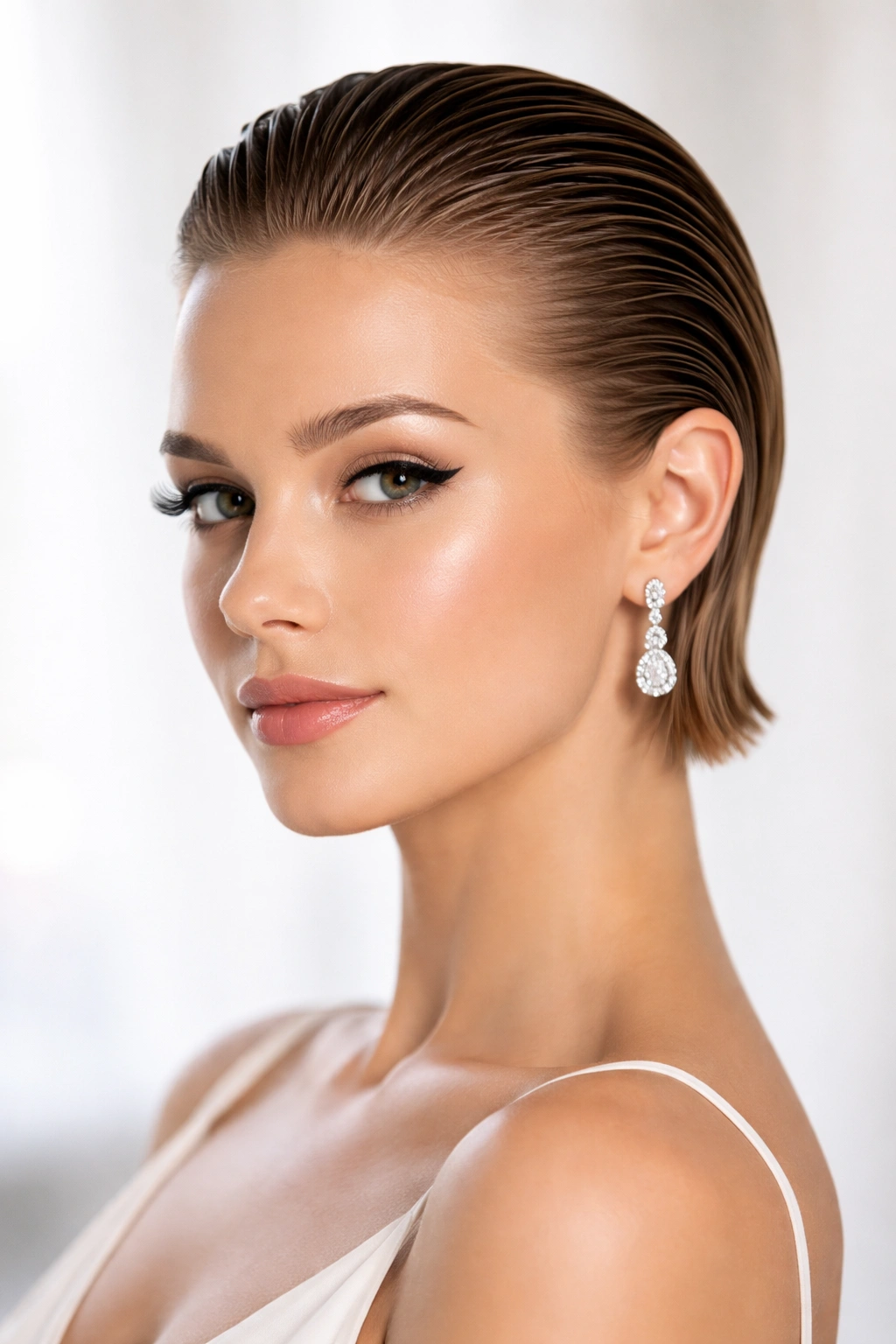 Close-up of high-shine slicked-back short hair