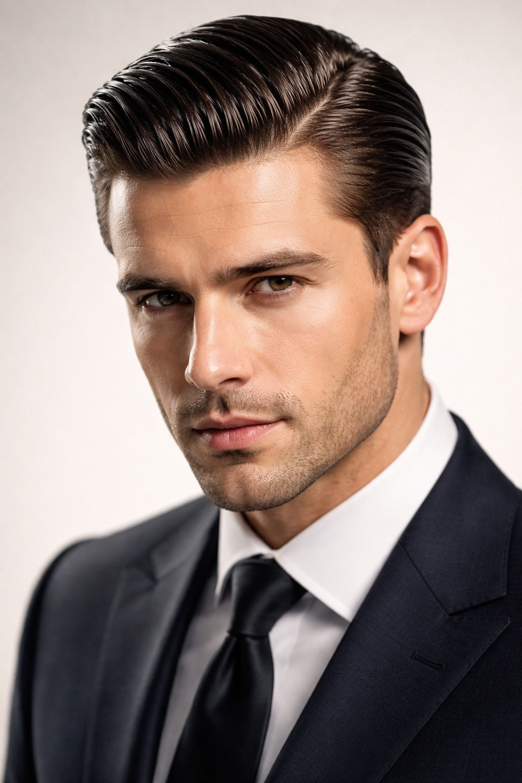 Close-up of a slicked-back hairstyle with high shine on a neutral background