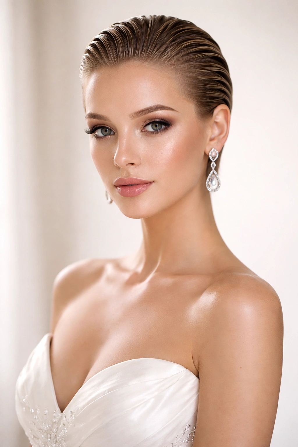 Bride with a slicked-back shiny short hairstyle that exposes her facial features