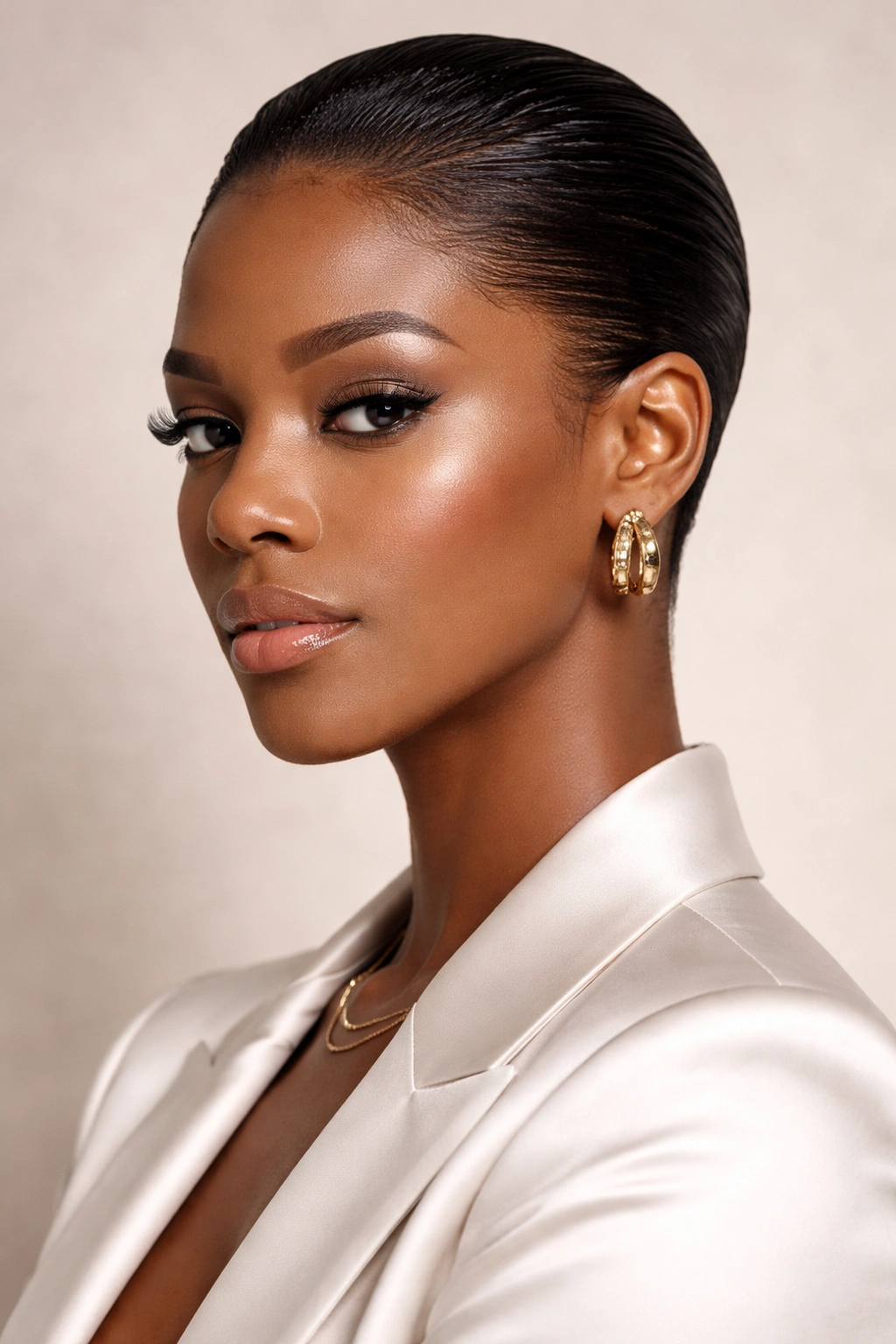 Portrait of a person with a slicked-back short haircut in a studio