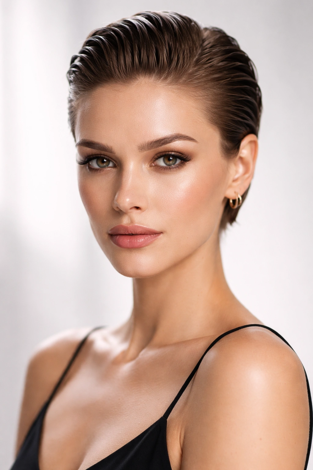 Close-up portrait of a woman with a slicked-back short cut.