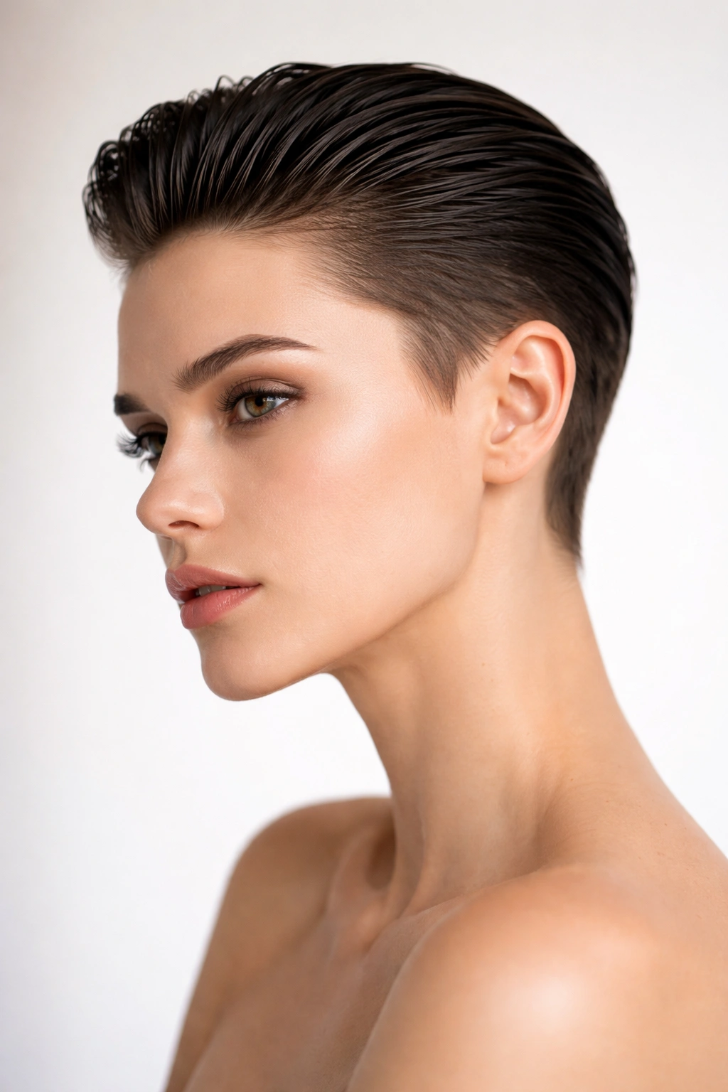 12 Boyish Short Haircuts Women Keep Asking For 9 Slicked-back short cut showcasing a polished, architectural silhouette on a model