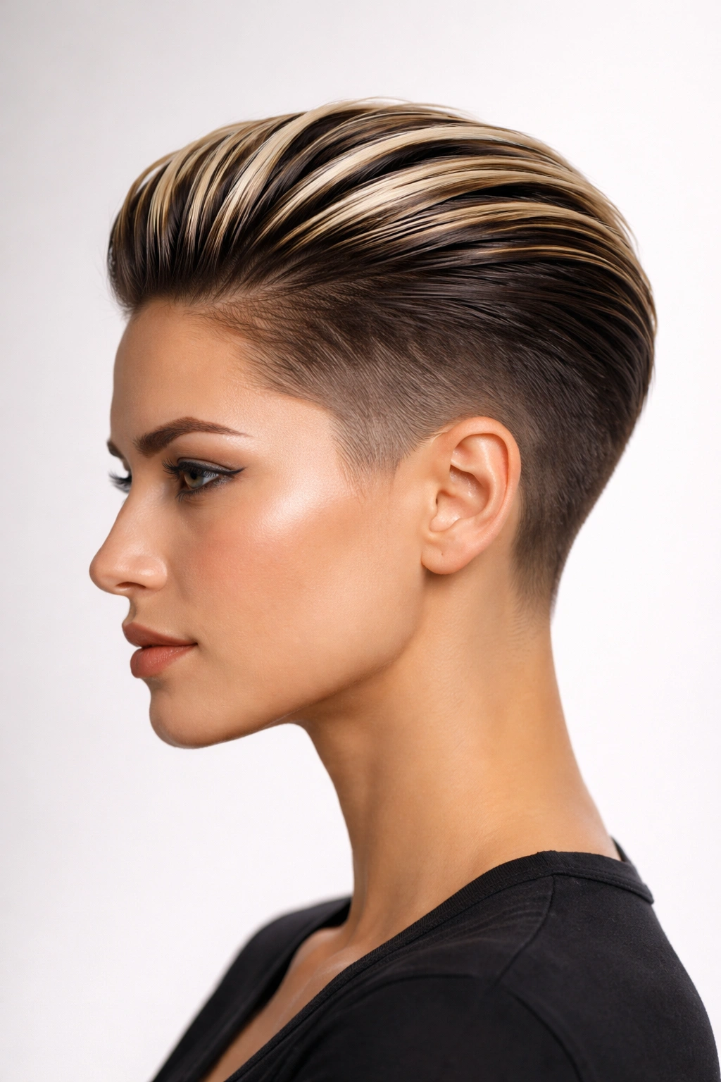 Slicked back short cut showing a gradient from dark roots to light ends.