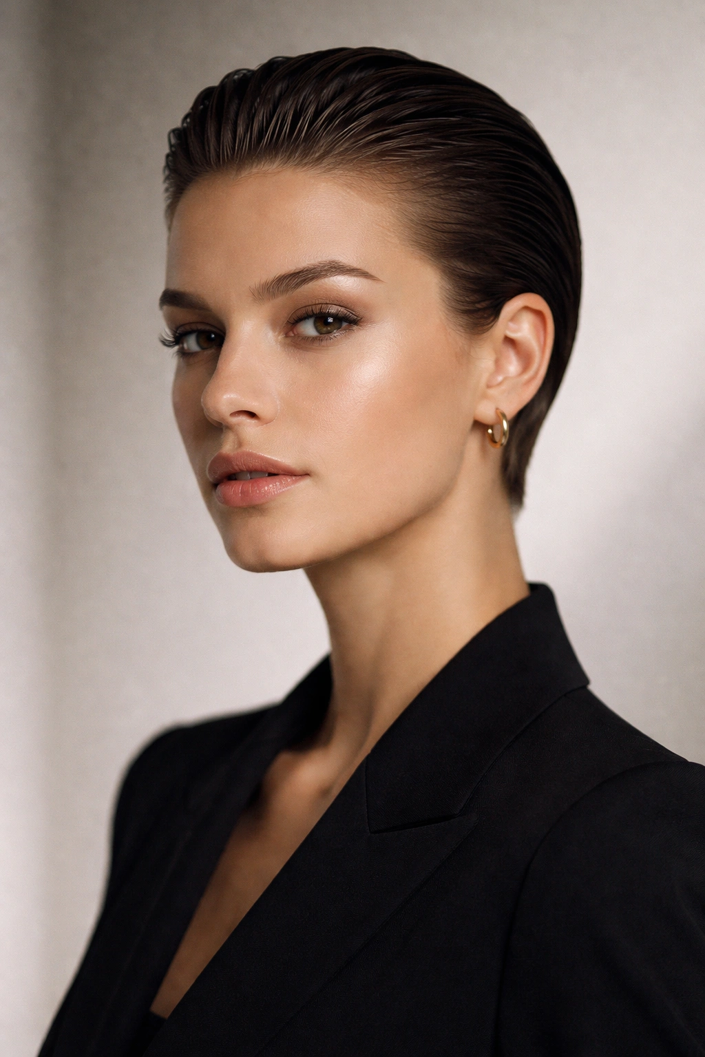 12 Cool Girl Short Haircuts With An Effortless Edge 10 Portrait of a model with a slicked-back short cut exposing the face with clean lines
