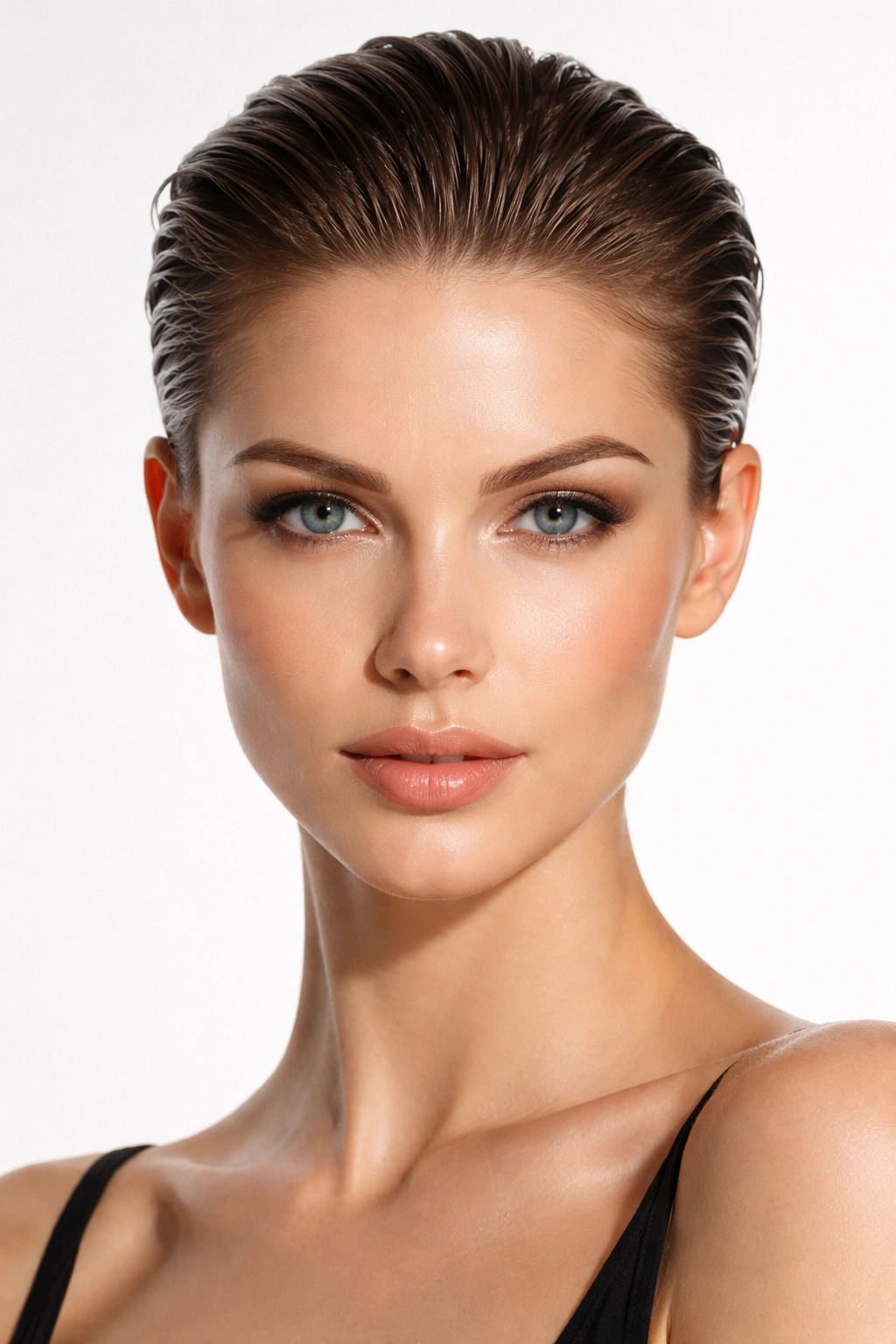 Slicked-back short cut highlighting bone structure.