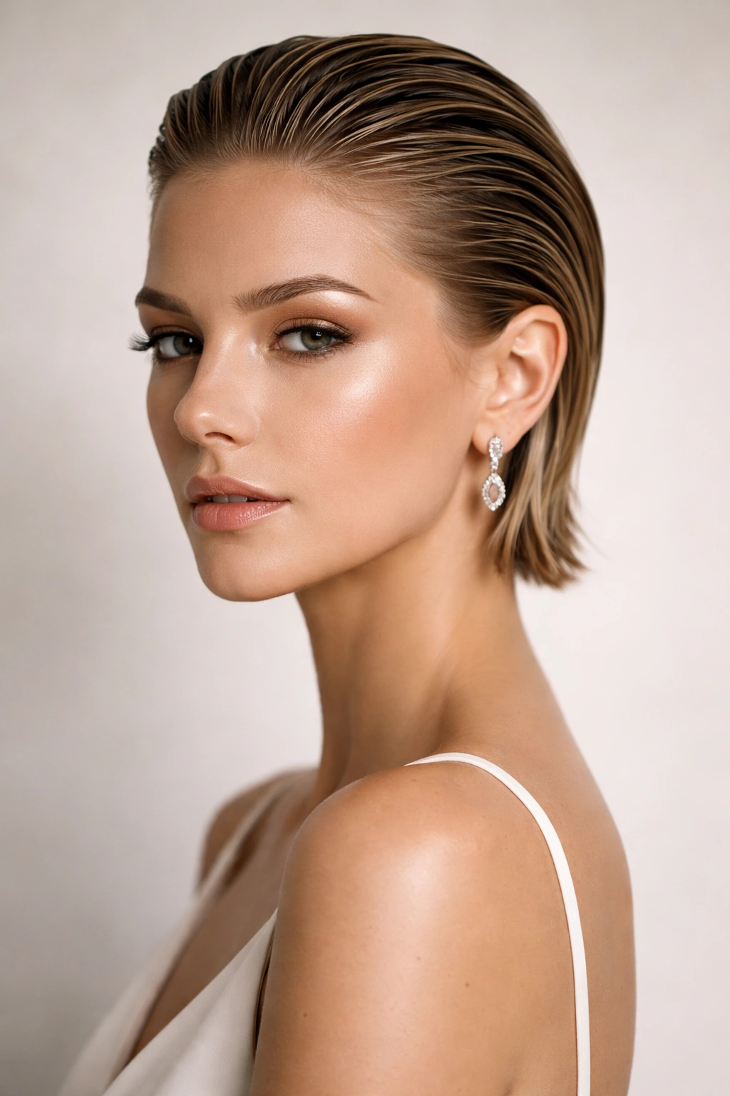 Slicked-back modern chic hairstyle on short hair with clean lines