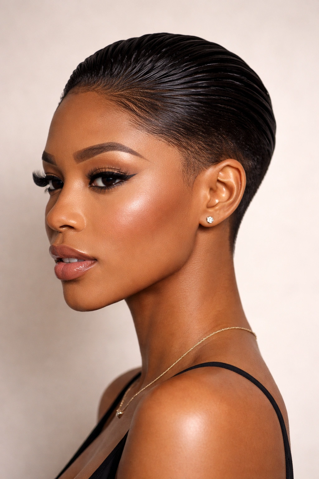 Close-up portrait of a model with a slicked-back short weave and glossy finish