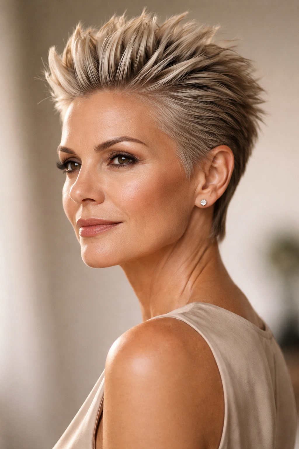 10 Short Spiky Hairstyles For Women Over 50 9 Head-and-shoulders portrait of a woman with slicked-back spiky hairstyle