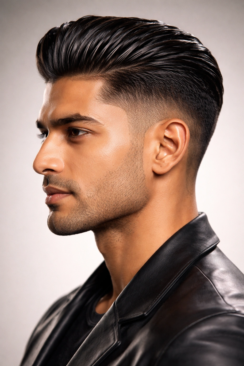 Man with slicked-back straight hair in studio lighting