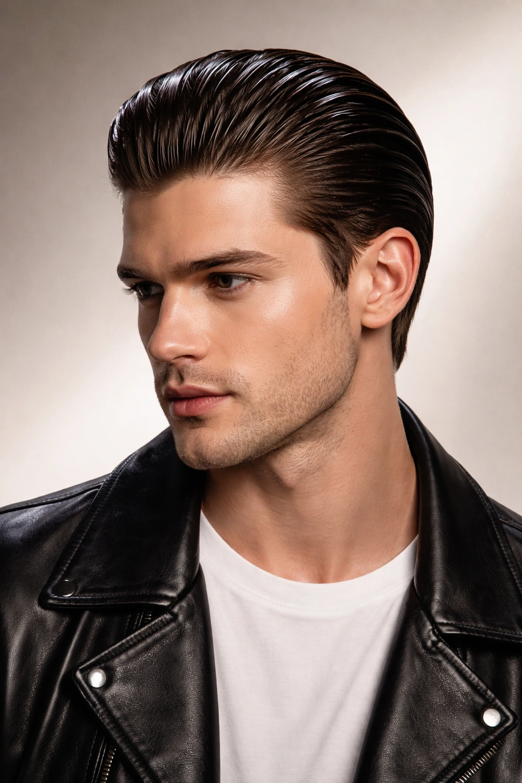 Portrait of a man with slicked-back hairstyle, glossy finish