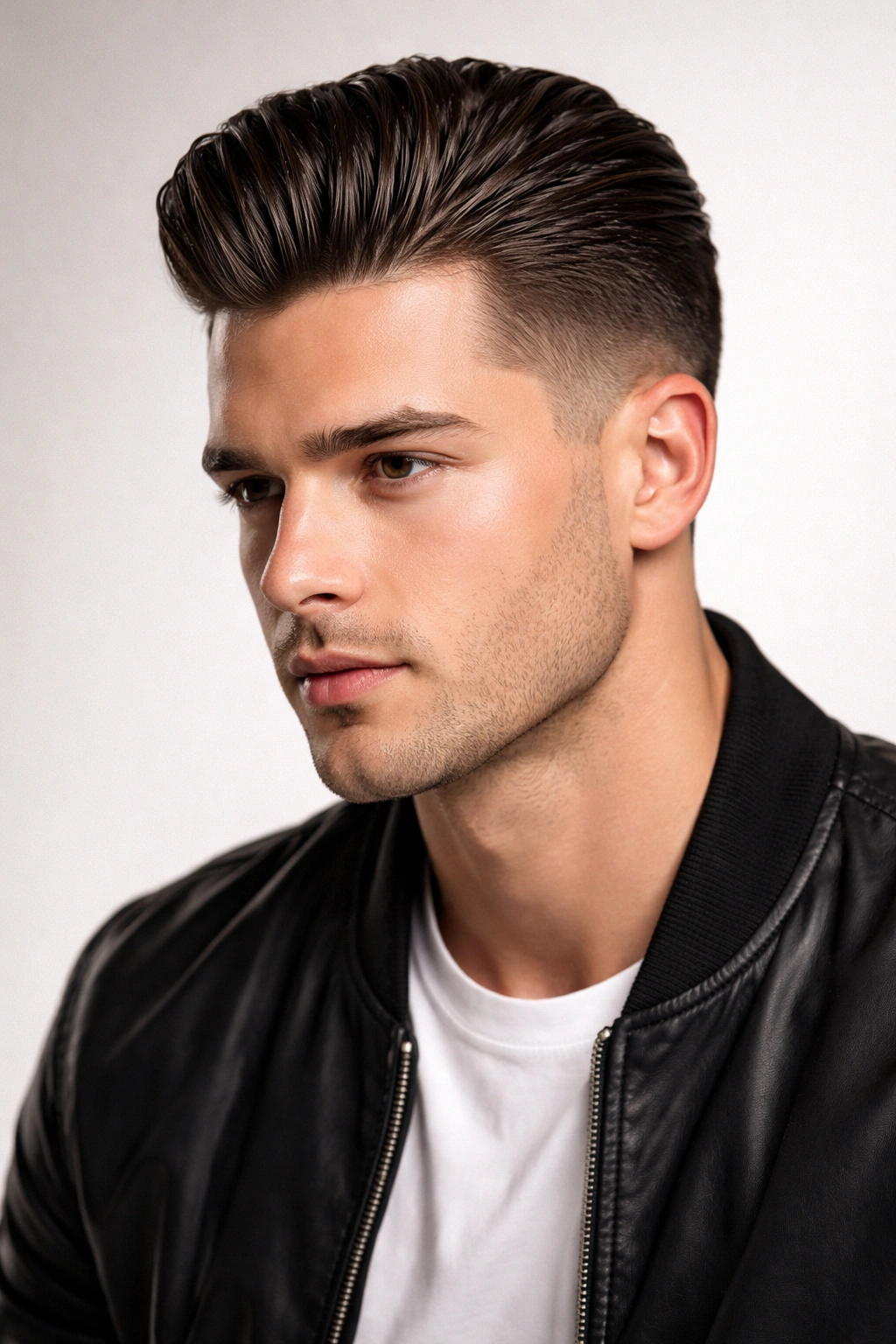 Slicked back hairstyle with taper fade and polished top