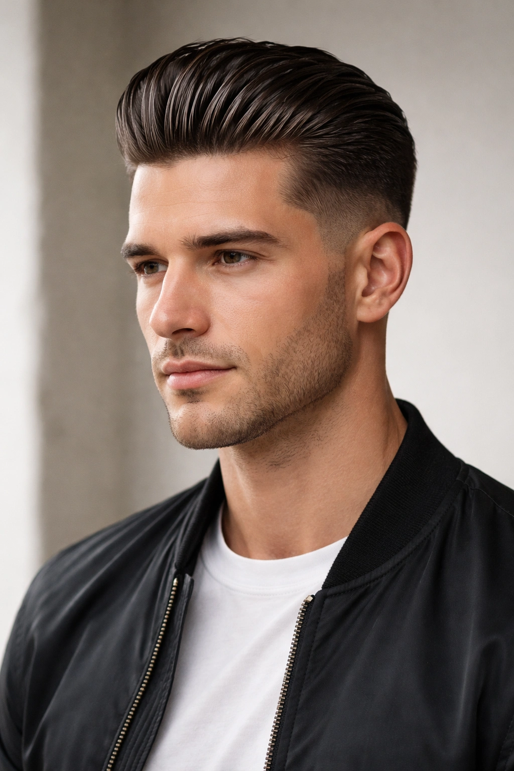 10 Temp Fade Haircuts For A Clean Sharp Look 9 Man with slicked-back hair and tapered temples in a clean studio portrait