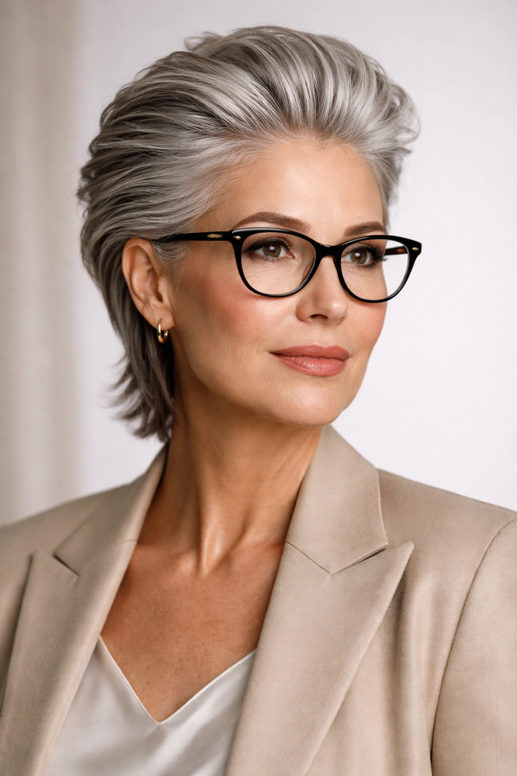 Mature woman with silver-gray textured slicked-back hairstyle and glasses in a studio portrait
