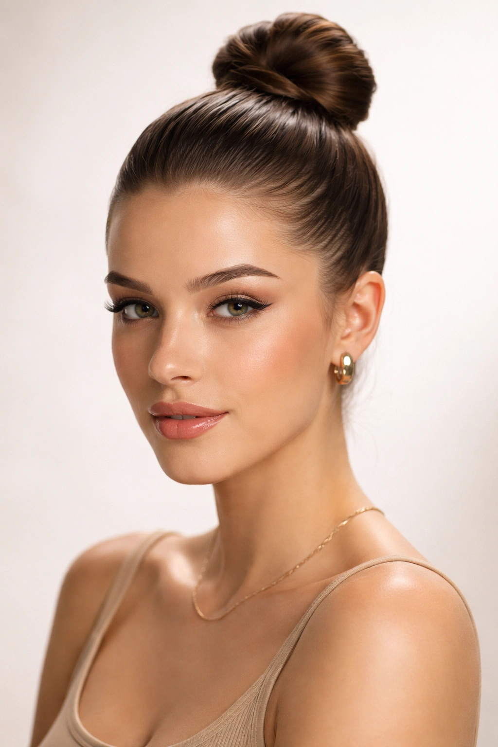 Slicked-back top knot with smooth hairline and polished bun at crown