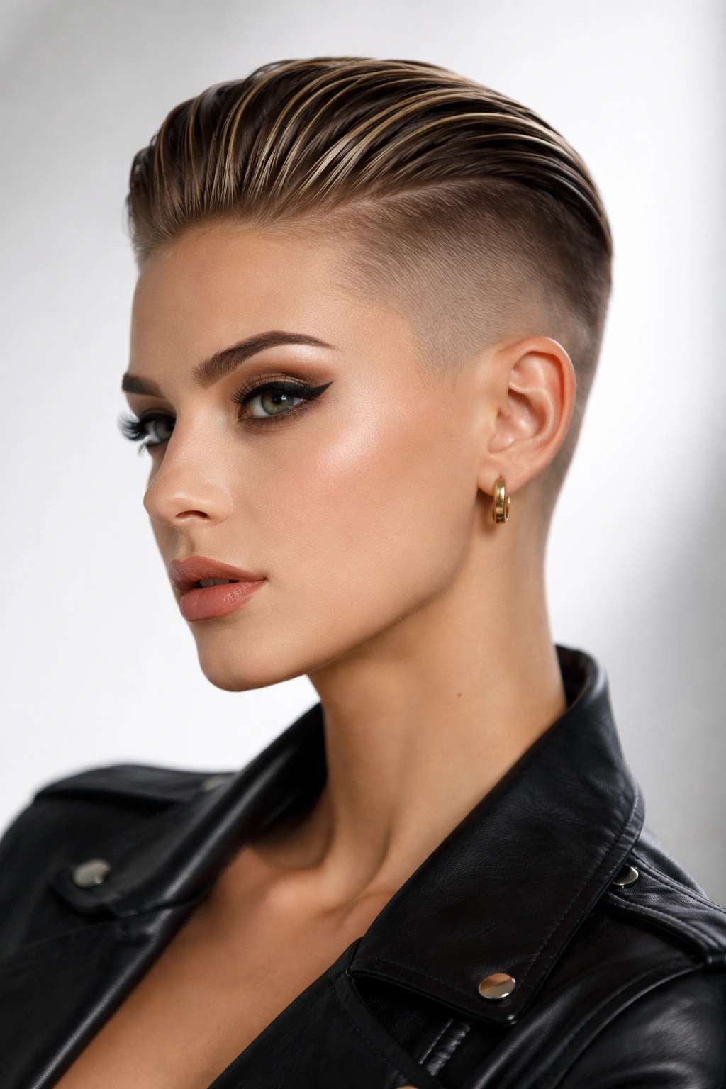 Portrait of a model with a slicked-back top and shaved sides creating a sculptural silhouette